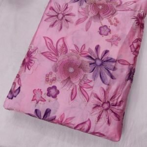 Pink Floral Position Print With Sequins Beads On Chinon Fabric