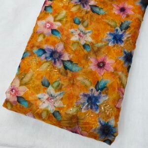 Yellow Floral Position Print With Embroidery On Organza Fabric