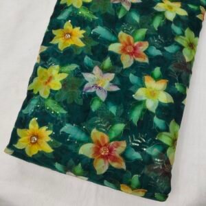 Bottle Green Floral Position Print With Embroidery On Organza Fabric