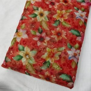Red Floral Position Print With Embroidery On Organza Fabric
