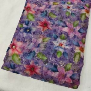 Levender Floral Position Print With Embroidery On Organza Fabric