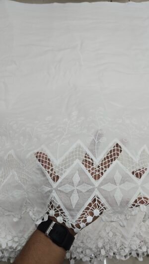 White Hakoba Style Daman Embroidery On Cotton Fabric