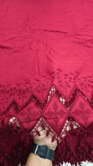 Red Hakoba Style Daman Embroidery On Cotton Fabric